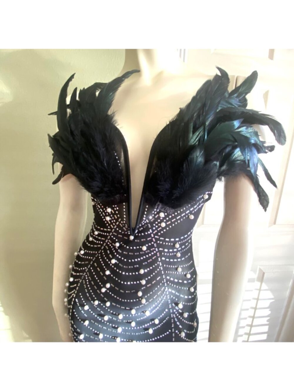 size S beaded thin bodycon black sheer mini dress feather chest detail c-thru - Picture 7 of 9
